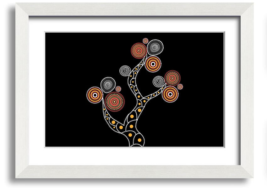 Framed Aboriginal Tree 1 print showcasing vibrant colors and intricate patterns, ready to hang.